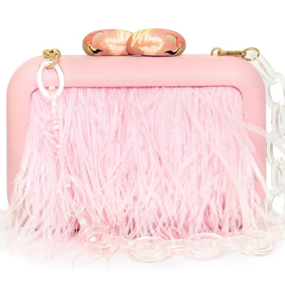 Sy&Vie pink flamingo clutch with ostrich feathers.